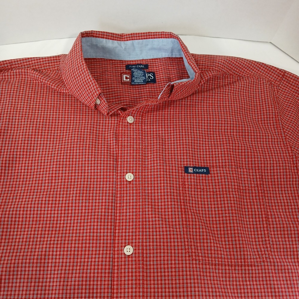 Chaps Mens XL Red White Micro Check Short Sleeve Button Down Shirt Easy Care